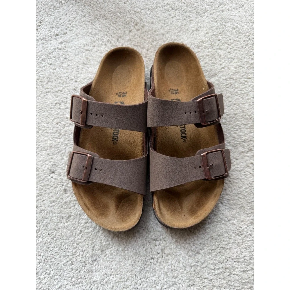 Birkenstock Arizona Sandals 34 L3 Mocha Brown Birko-Flor Two Strap Slides